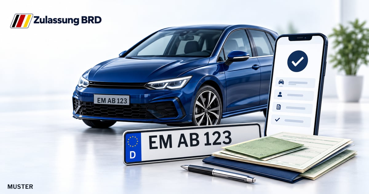 Online Fahrzeugzulassung in Denzlingen: Musterkennzeichen EM AB 123, Auto und Fahrzeugpapiere und Smartphone. Illustration mit Logo von Zulassung BRD.